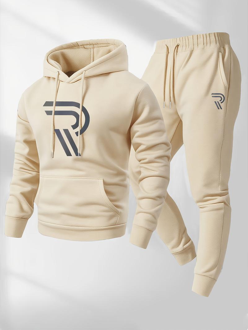 Men's sports two-piece hooded sweatshirt and pants set - gray with black logo, non stretch fabric, regular style, pocket, suitable for autumn and winter, casual wear | hooded sweatshirt | pocket pants, sweater hooded sweatshirt