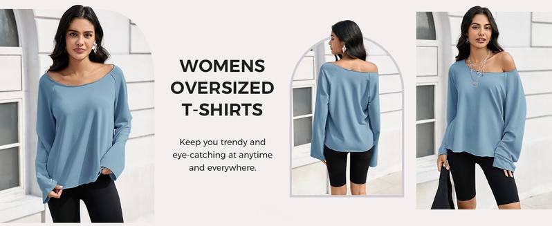 Fisoew Sports Women's Off-Shoulder Thin Sweatshirt, Wide Neckline Loose Pullover, Long Sleeve Y2k Fashion Loose Fit Top, Recommended as a Valentine's Day Gift.