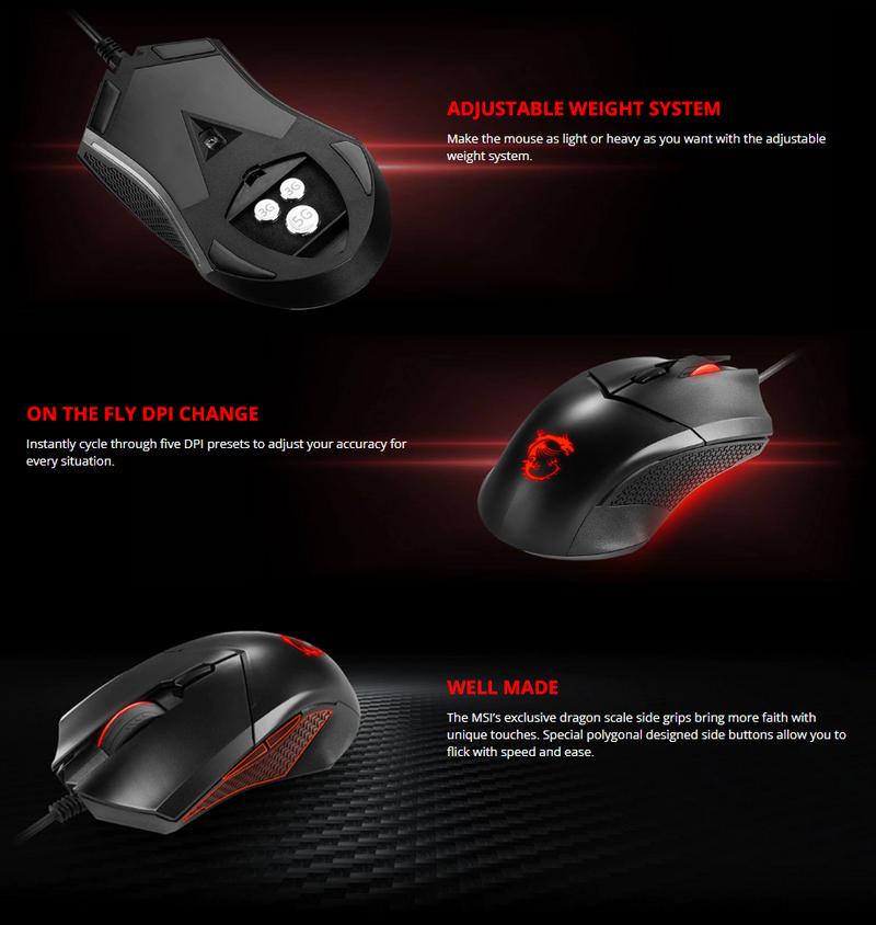 MSI Clutch GM08 Gaming Mouse, 4200 DPI, Optical Sensor, 3 Adjustable Weights, Red LED Lighting, Symmetrical Design