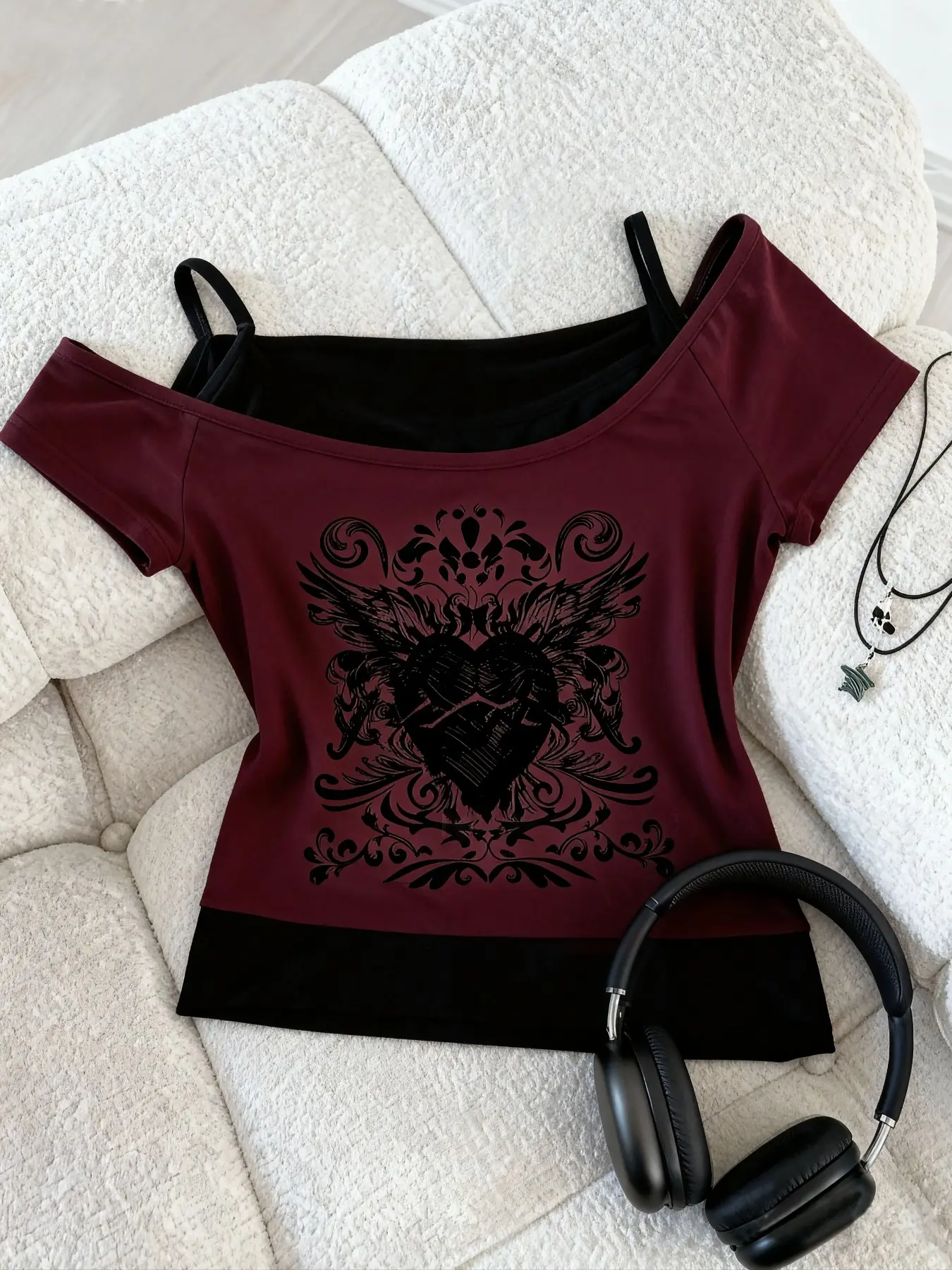 Women's Vintage Gothic Punk Style Burgundy Graphic Print Knitting Short Sleeve Two-Piece Fitted T-Shirt Top, Soft Streetwear Shirt with Guitar Design, All-Season Everyday Casual, Washable, Womenswear, Vintage Graphic Tee