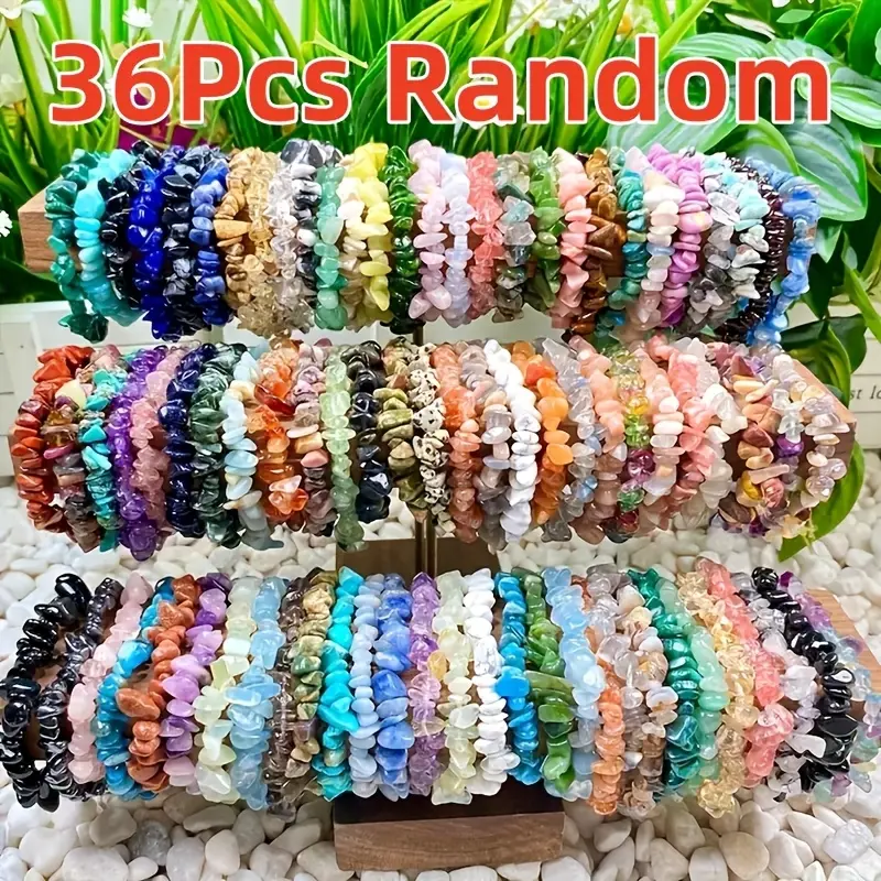 36-Piece Bracelet Stackable Set, Unisex Random Multicolor Stone Slice Beaded Beach Bracelets, Elastic Casual Holiday Accessories, Bracelets Stacking