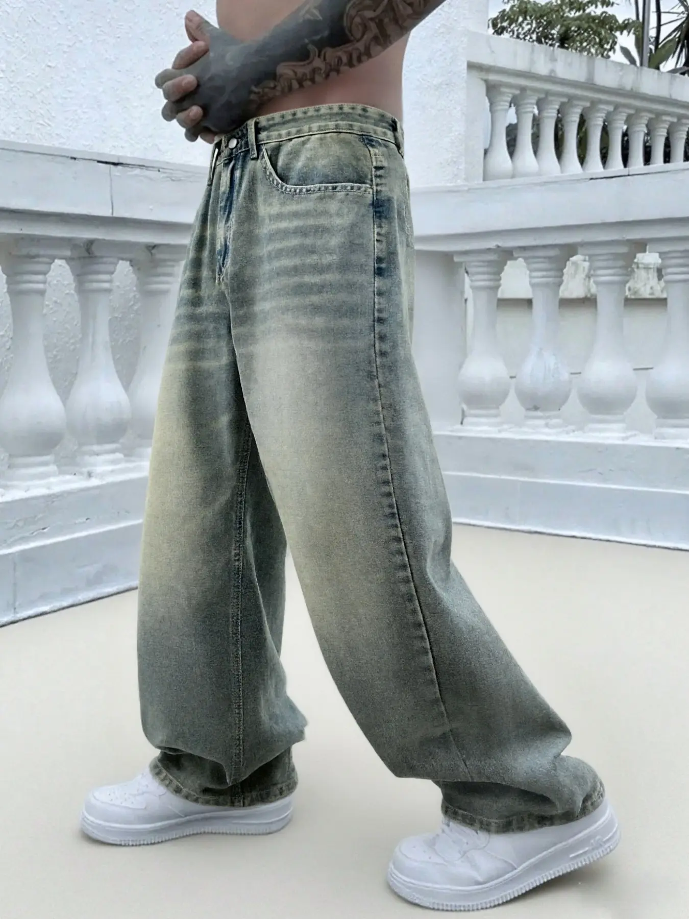 Men's Vintage Washed Denim Jeans, Basic Loose-Fit Wide-Leg Denim Pants, American Streetwear, Trendy Look, Cotton Fabric, Stylish Bottoms for All Seasons