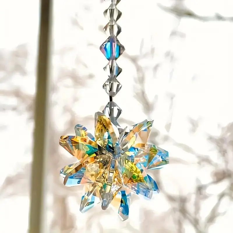 Colorful Crystal Snowflake Sun Catcher, Glass Car Hanging Ornament, Starburst Decoration for Living Room, Room Decor, Perfect Gift for Friends, Family, Hangable