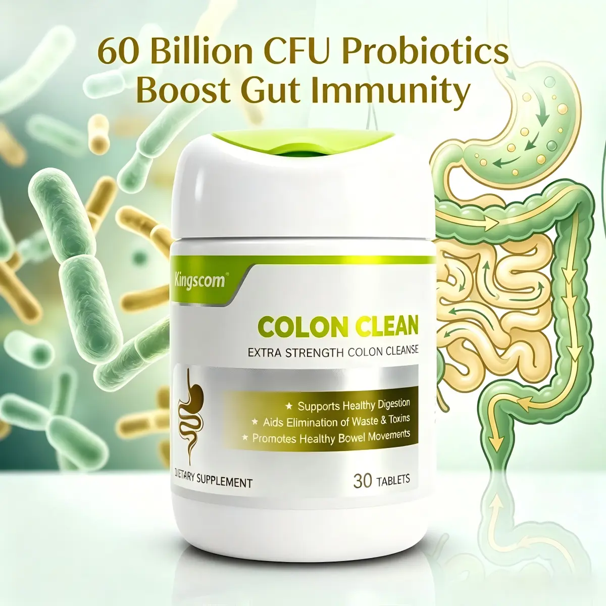 Kingscom  Colon Cleanse - Okra Fiber Formula 30 Tablets Caffeine-Free Gut Health Support Natural Dietary Supplement Healthcare Optimum Fitness Extra Strength Digestive System Vitamin Edible