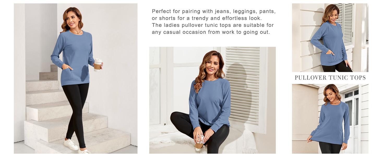 AUSELILY Women's Long-Sleeve Lightweight Sweatshirt with Side Pockets Womenswear Tops Extra Length Pullover