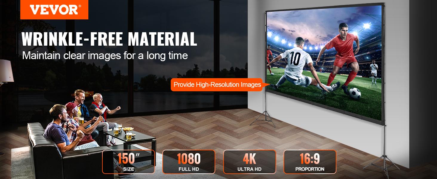 VEVOR Projector Screen with Stand, TikTokShopBlackFriday, 150 inch 16:9 4K 1080 HD Outdoor Movie Screen with Stand, Wrinkle-Free Projection Screen with Tripods and Carry Bag, for Home Theater Cinema Backyard Movie Night