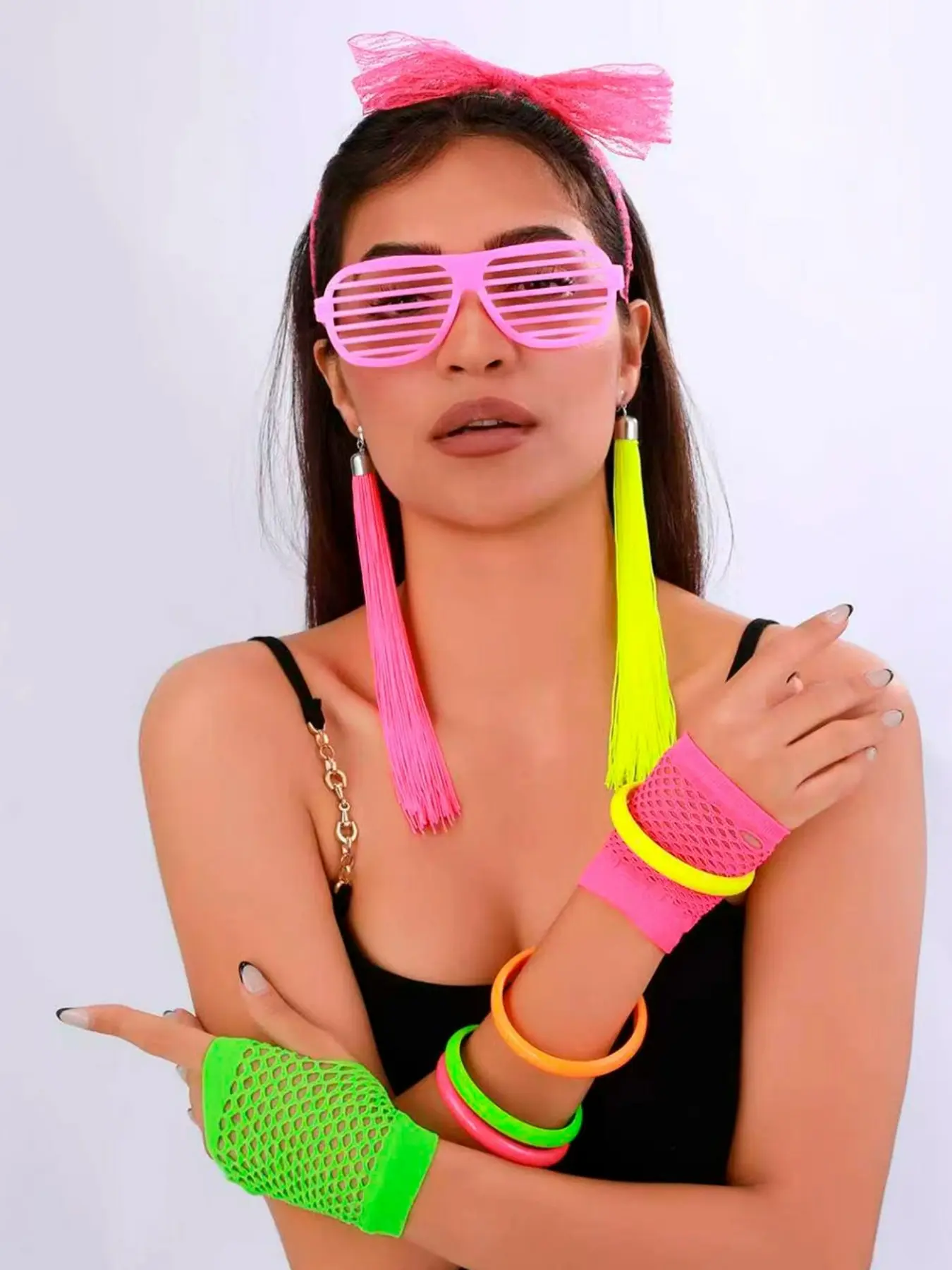 80s Retro Neon Party Costume Set, Party Accessories, Includes Headband, Venetian Mask, Fishnet Gloves, Fringe Earrings, Neon Bracelet, Perfect for Halloween Theme Parties