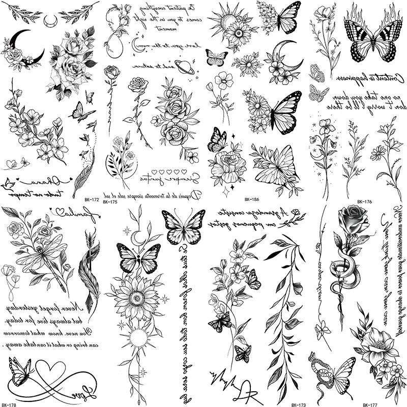 8-Piece Floral Temporary Tattoo Stickers Set, Butterfly Snake Feather Letter Patterns, Non-Reflective Fake Tattoos for Hands & Body Art, Temporary Tattoo Kit