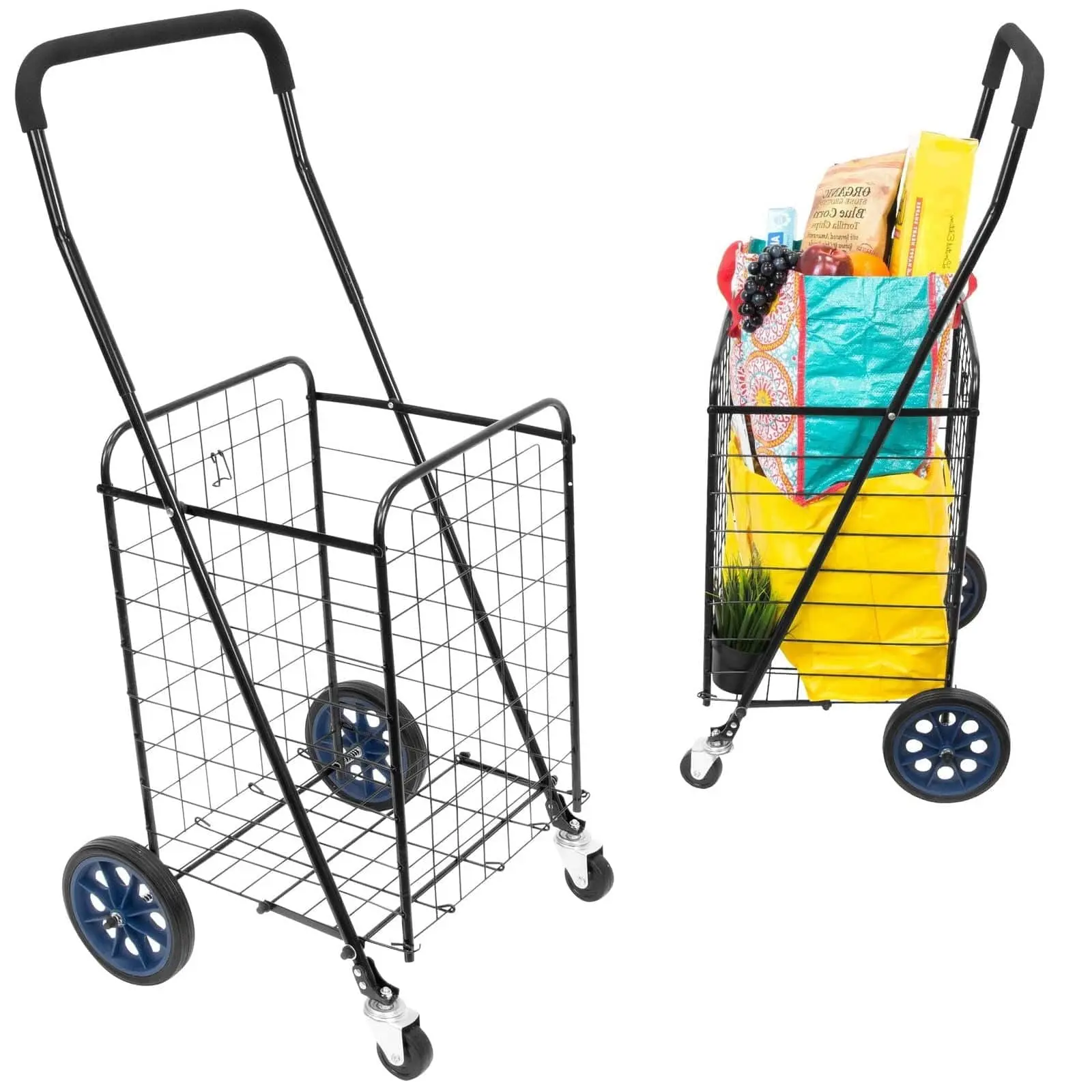 Mount-It! Folding Rolling Utility Shopping Cart, Grocery Cart on Wheels with Adjustable Handle, Foldable Utility Cart, Holds 66 lbs