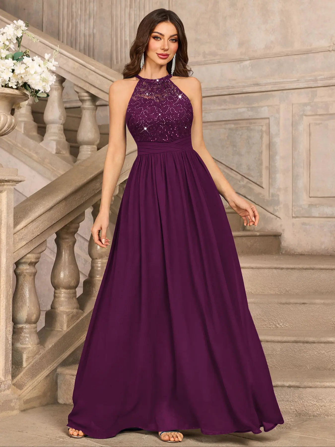 MIUSOL 24447A Sequin Floral Lace Halter Neck Sleeveless Ruched Chiffon Formal Party Maxi Dress,Formal Ball Evening Sequin Details Gown, For Wedding Guest, Prom, Graduation, Cocktail, Dinner, Women