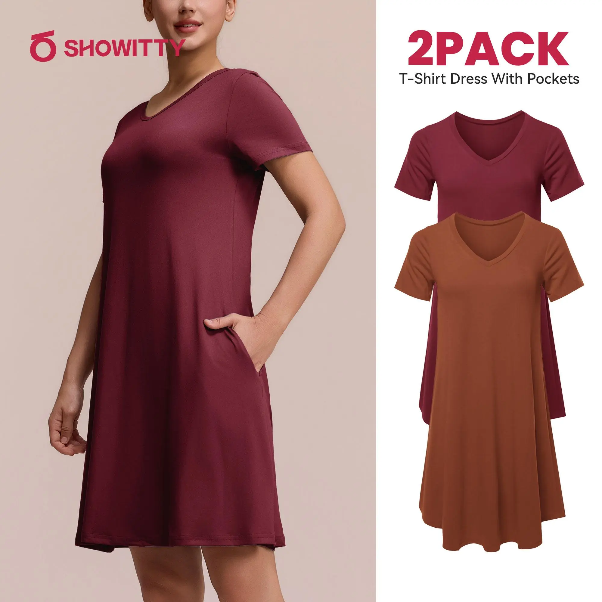 SHOWITTY 1/2 Pack Women's Casual T-Shirt Loungewear Dresses with Pockets Plus Size Short Sleeves Pajama Dress- Breathable Lightweight Fit for Summer Outings Everyday Wear