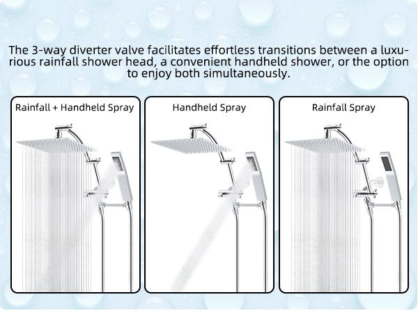 Hibbent All Metal 12'' Rainfall Shower Head, Dual Shower Head Combo, High Pressure Handheld Shower Wand, 16'' Adjustable Arc-shaped Shower Extension Arm, 71'' Hose, Showerhead Holder, Chrome