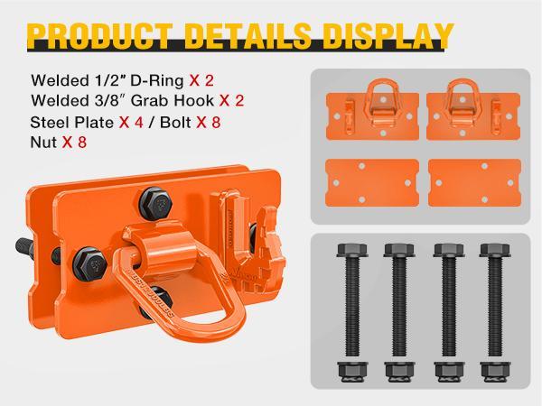 Nilight 2PCS Tractor Bucket Hooks with Tie Down Ring, Grade 70 Grade Forged Steel Bolt-On Grab Hook with Back Plates for Tractor Bucket RV UTV Truck MBS 15000 lbs, Orange