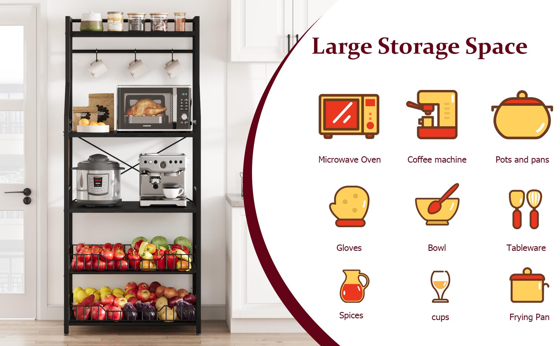 【GARVEE】5-Tier Kitchen Bakers Rack with 2 Large Wire Baskets, Industrial Microwave Oven Stand and Coffee Bar Station, Kitchen Utility Storage Shelf with 8 Hooks for Organizing Spices and Pots, Rustic Black