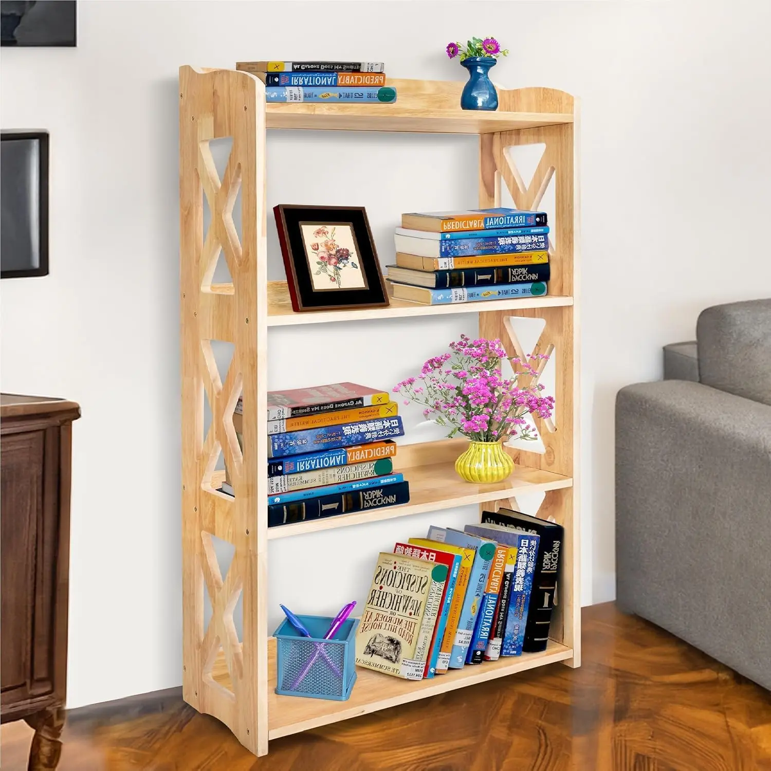 Natural Bookcase by Natural Wood, 4 Tier Bookshelf, Small Book Shelves Freestanding Display Storage Shelves. Open Bookshelf for Bedroom, Living Room and Office (Natural, 4 Tier)