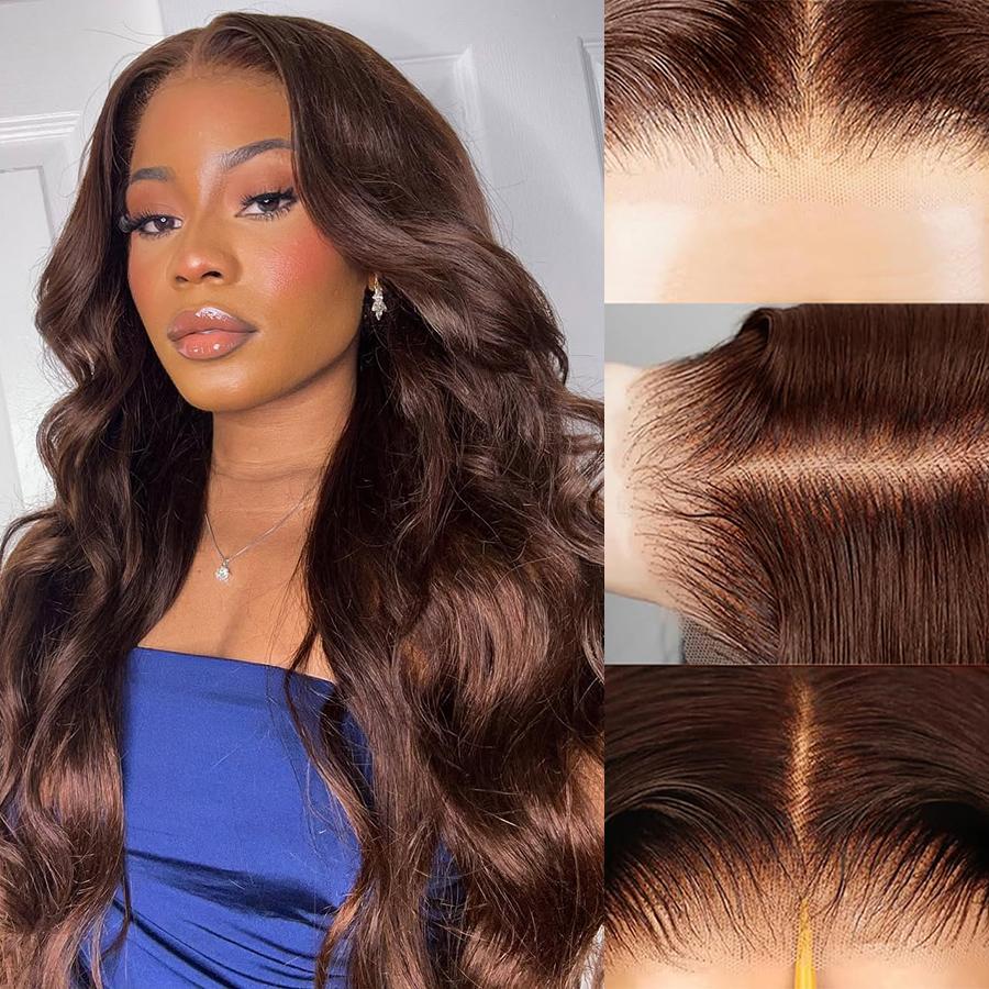 [Glueless Drawstring Wig] Pizazz Hair #4 Chocolate Brown Body Wave Lace Frontal Wigs 13x6 HD Transparent Ear to Ear Pre Cut Lace Skin Melted with Pre Plucked Natural Hair Line