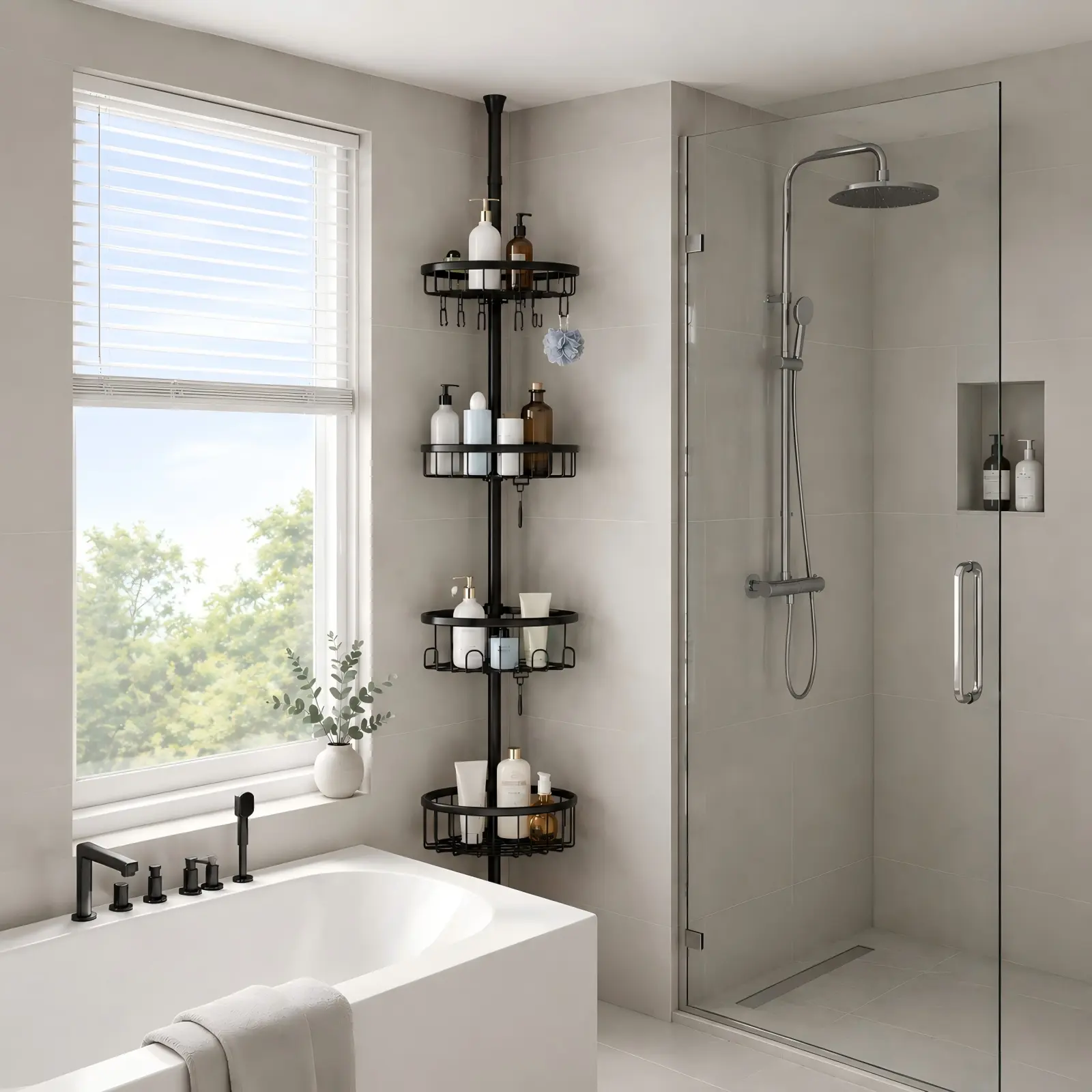 Corner Shower Caddy Tension Pole: Stainless Steel Rustproof 4-Tier Shower Organizer - 47-121 inch Adjustable Bathroom Shelves for Bathtub Shampoo Storage - Tension Rod Floor Standing Bath Rack - Black