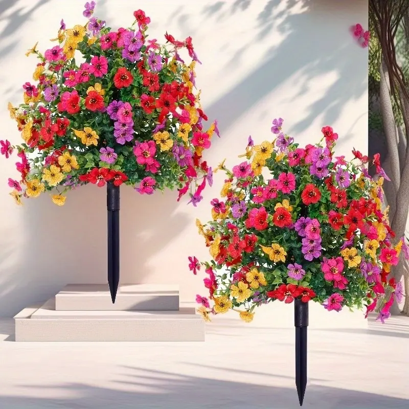 2PCS Lightweight Fall Artificial Flower Bouquet for Halloween - Realistic Plastic Violet Bouquet with Eucalyptus Leaves & Boxwood Greenery, UV Resistant Colorful Fake Flowers for Outdoor, Garden, Porch and Patio Decor