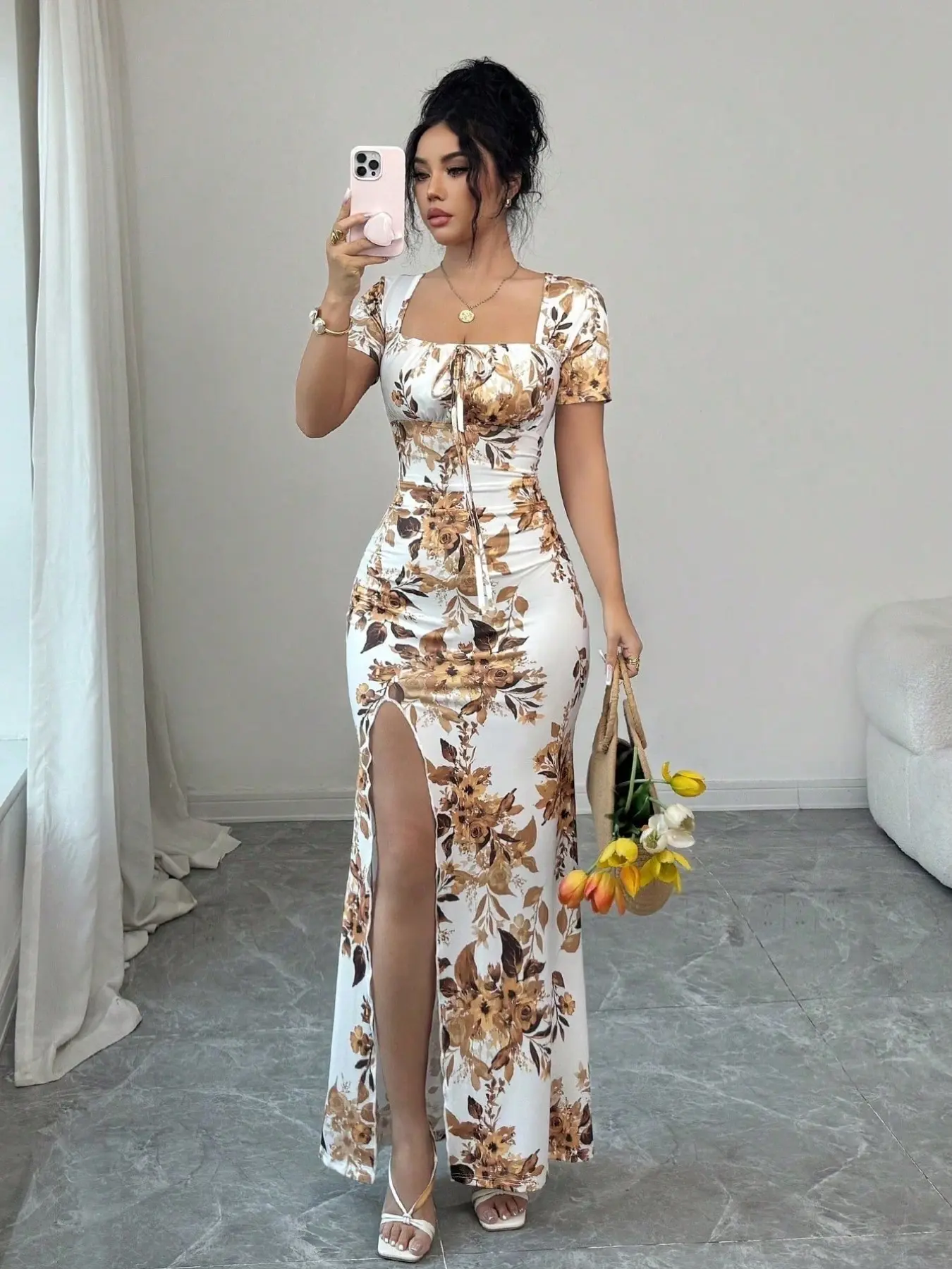 Vintage Floral Print Square Neck Split Dress, Slim Fit Waist Fish Tail Casual Summer Women Dress, Wedding, Date Night, Vacation, Coffee Shop, Casual Wear