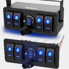 Nilight 4 Gang Rocker Switch Box 12V SPST ON Off Switch QC 3.0 USB Charger Voltmeter Waterproof Aluminum Rocker Switch Panel Night Glow Stickers for Boats Cars RVs Trucks Garage Lighting
