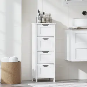 Bathroom Floor Cabinet with 4 Drawers, Freestanding Wooden Storage Organizer for Bathroom, Hallway or Living Room, Narrow White Side Cabinet with Space-Saving Vertical Design, White