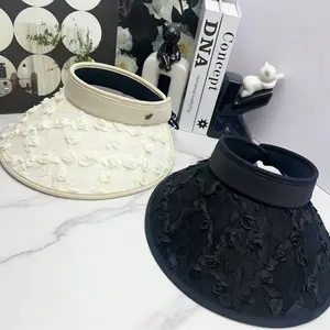 Floral print visor sun hat, women's summer black and white versatile casual sun protection outdoor cycling windproof wide-brimmed sun hat