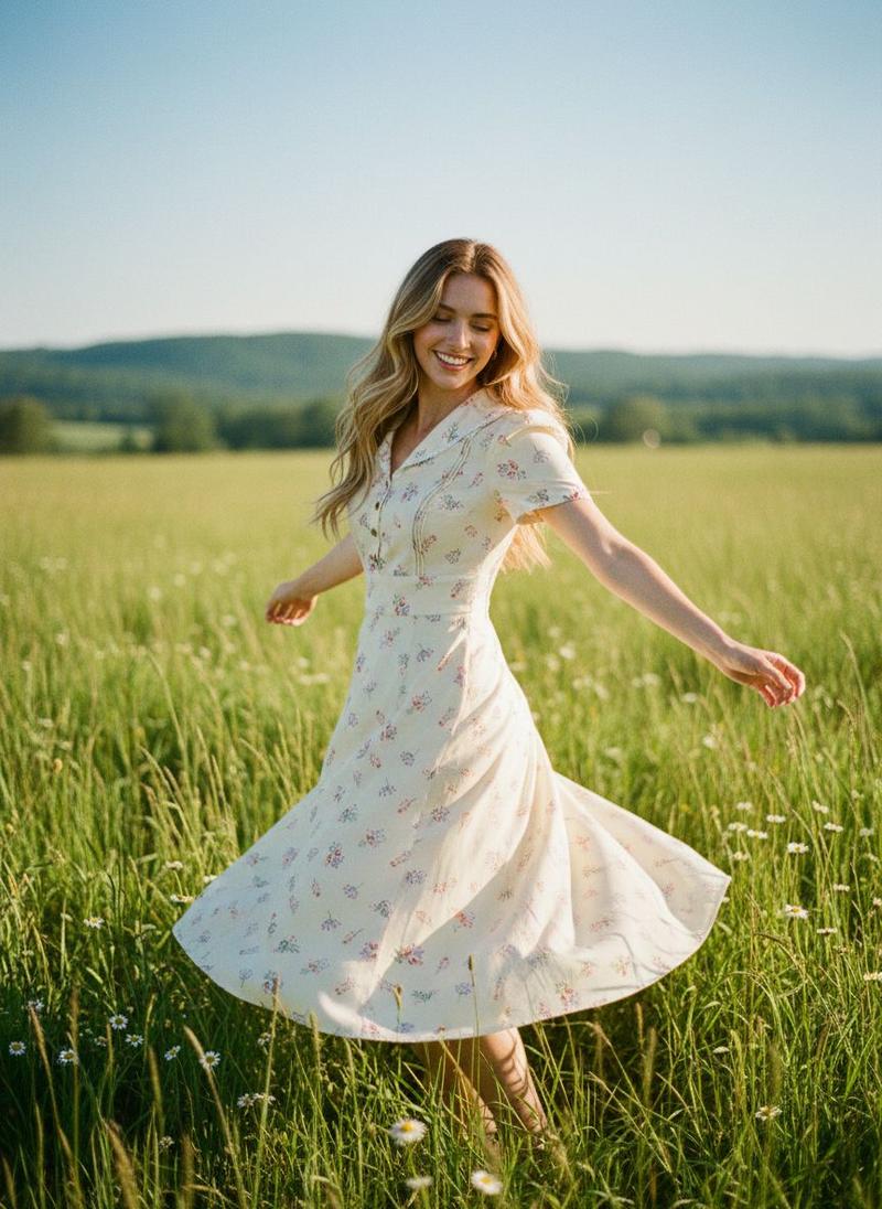 PURE COTTON BEIGE 1940S PUFF SLEEVES FLORAL DRESS Casual Womenswear Cute Summer Fitted Vneck Shortsleeve