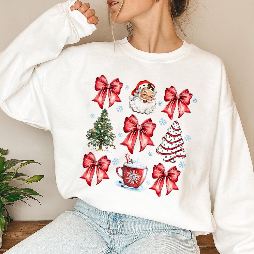 Christmas Coquette Bow Sweatshirts，Christmas Tree Cake Sweatshirts, Women's Sweatshirt Casual Print Long Sleeve Round Neck Pullover for Daily Wear, Ladies Clothing Fall & Winter Fashion Unisex Sweatshirts