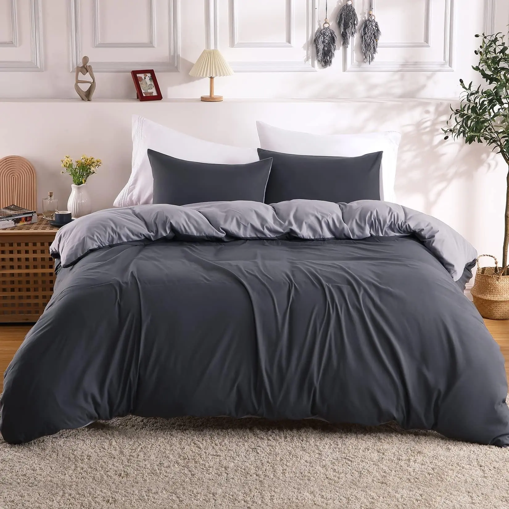 GARVEE King Duvet Cover Set, Double Brushed Microfiber Duvet Cover Set 3 Pieces with Zipper Closure, Soft Duvet Cover for All Season Reversible Design, Charcoal/Silver Grey 104x90 Inches