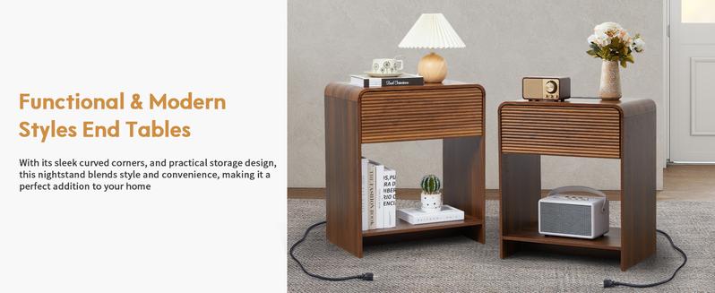 Giratree 24.8" Fluted Nightstand Set of 2 with Charging Station, Modern Bed Side Table End Table with Drawer Storage, Large Wooden Night Stands Bedside for Bedroom Living Room Sofa Office