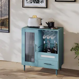 Modern Freestanding Wine Bar Cabinet – Green Buffet Sideboard with Tempered Glass Door, Wine Rack, Drawers & Glass Holder for Dining Room, Kitchen, Living Room