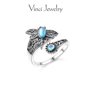 925 Vintage Dragonfly and Sunflower Open Ring, Synthetic Moonstone Design, Unique Nature-Inspired Style, Celtic Pattern Unisex Gift for Friends, Perfect for Daily Wear