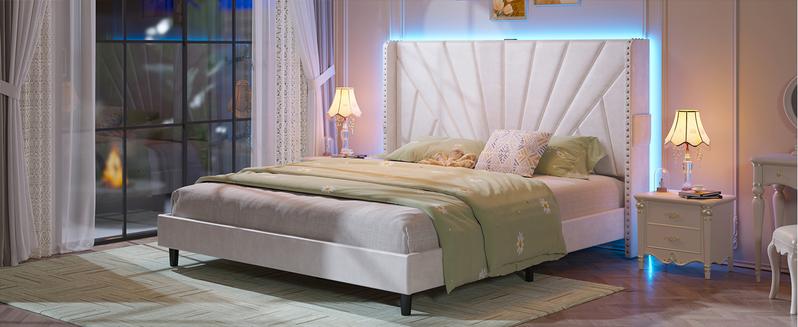 Raybee Full/ Queen/King Size Bed Frame with 51" Velvet Upholstered Headboard, up to 900 LBS ,Platform Bedframe with Charging Station and LED Lights, Wingback Headboard, No Box Spring Needed, Noise-Free[Black Friday]