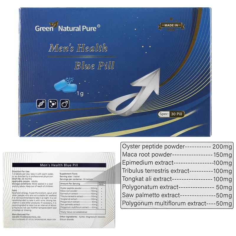 Green Natural Pure Men's Health Blue Pill Oyster peptide+Maca Root Powder+sea Cucumber polypeptide+Cinnamon extracts+Huangjing Extract- Ultra Potent & Highly Purified,30pill    010