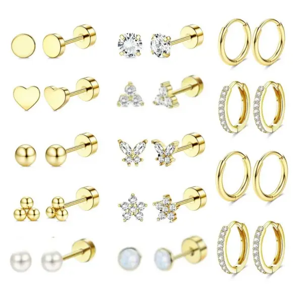 14 Pairs Hypoallergenic Surgical Steel Earrings for Sensitive Ears Gold Flat Back Earrings for Women Men Small Stainless Steel Earrings Flatback Stud Hoop Cartilage Earring Set for Multiple Piercing