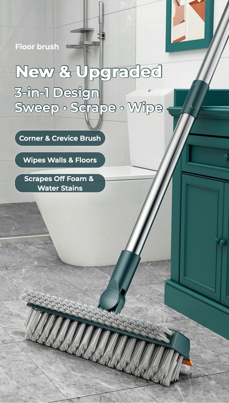 Floor Scrub Brush with Long Handle, 3-in-1 Scrape and Heavy-Duty Stiff Bristle Floor Scrubber Brush with Squeegee for Cleaning Tile Wall Deck Bathroom Patio Garage Kitchen home kit