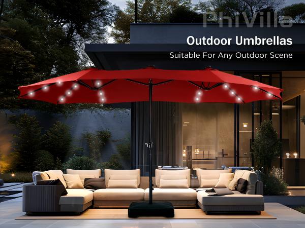 PHI VILLA Double-Sided Outdoor Patio Umbrella 15 ft Large with Crank, Steel Pole Metal Frame Includes Base, Easy to Clean, Sunshade Canopy, Ideal Gift for Home
