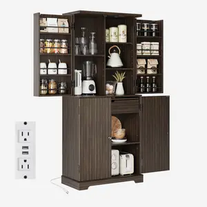 CASSORA 71 Inch Kitchen Cabinet with Charging Station, Fluted Pantry Storage with Extendable Countertop and Adjustable Shelves, for Living Room Dining Room in Black Walnut