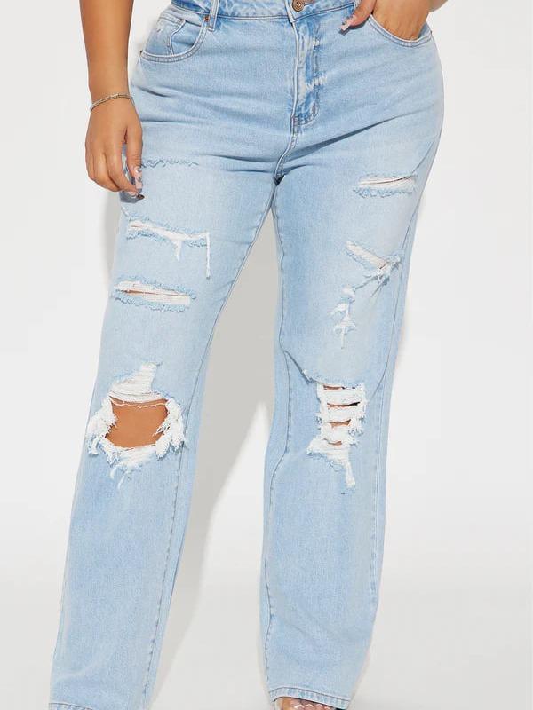 Posted Stretch Ripped Straight Leg Jeans - Light Wash