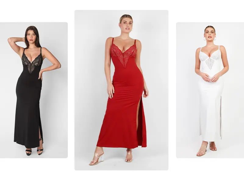 Popilush Formal Lace Built-in Shapewear Set Womenswear Sleeveless Deep V-Neck Maxi Dress Birthday Dress or Wide Leg Jumpsuit Tummy Control Cocktail Party