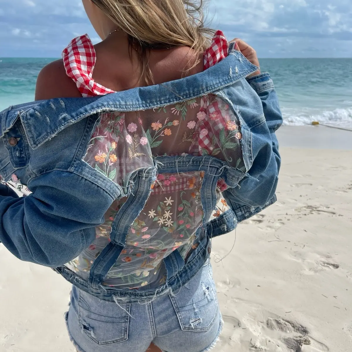 Denim & Sunshine Embroidered Floral Lace Sheer Boho Denim Jacket for Women - Handmade and Unique - Casual, Womenswear