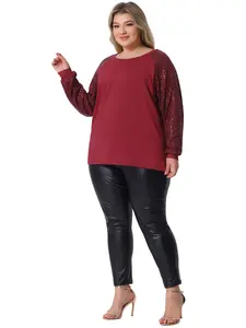 Agnes Orinda Plus Size Sparkle Sequin Top Women's Long Sleeve Shimmer Glitter Holiday Party Blouse