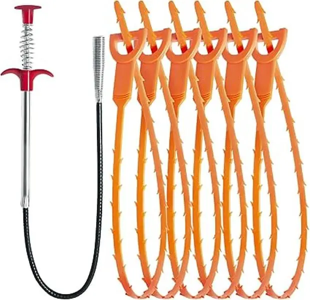 Hair Drain Clog Remover Tool – 6 × 25-Inch Sink Snake + 1 × 24-Inch Drain Cleaner Tool, Plumbing Snake for Shower, Toilet, Kitchen Sink & Tub – 7-Piece Hair Removal Tool Set