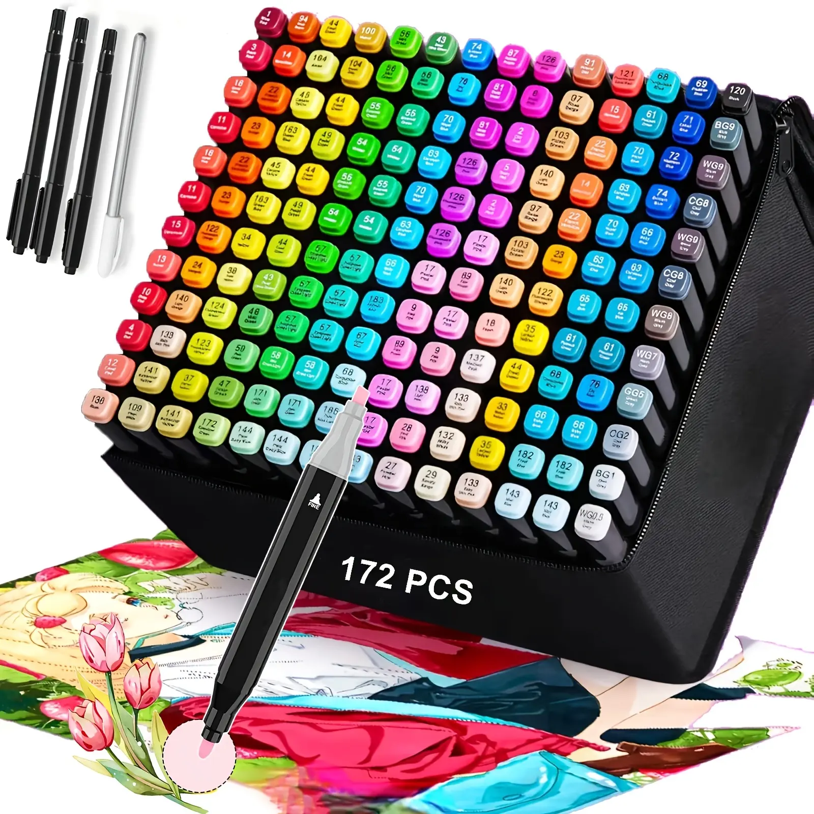 172-Piece Dual-Tip Alcohol Markers Set, Brush & Chisel Tip Permanent Mark Pens for Adult Artists, Ideal for Illustration Sketch Drawing & Gifting (Office Art Supplies)