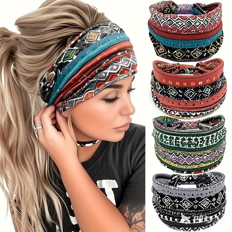 Boho Style Wide Elastic Sweatband Headband, Ethnic Pattern Yoga Hair Band, Breathable Sports Accessory for Women & Men