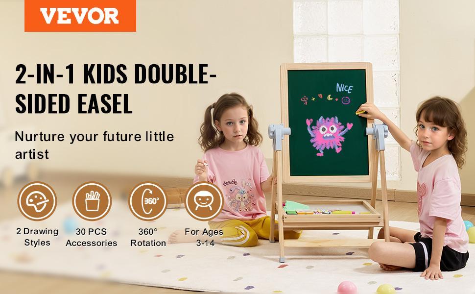 VEVOR 2-in-1 Kids Art Easel Double-Sided Wooden Magnetic Whiteboard Chalkboard, Christmas gift
