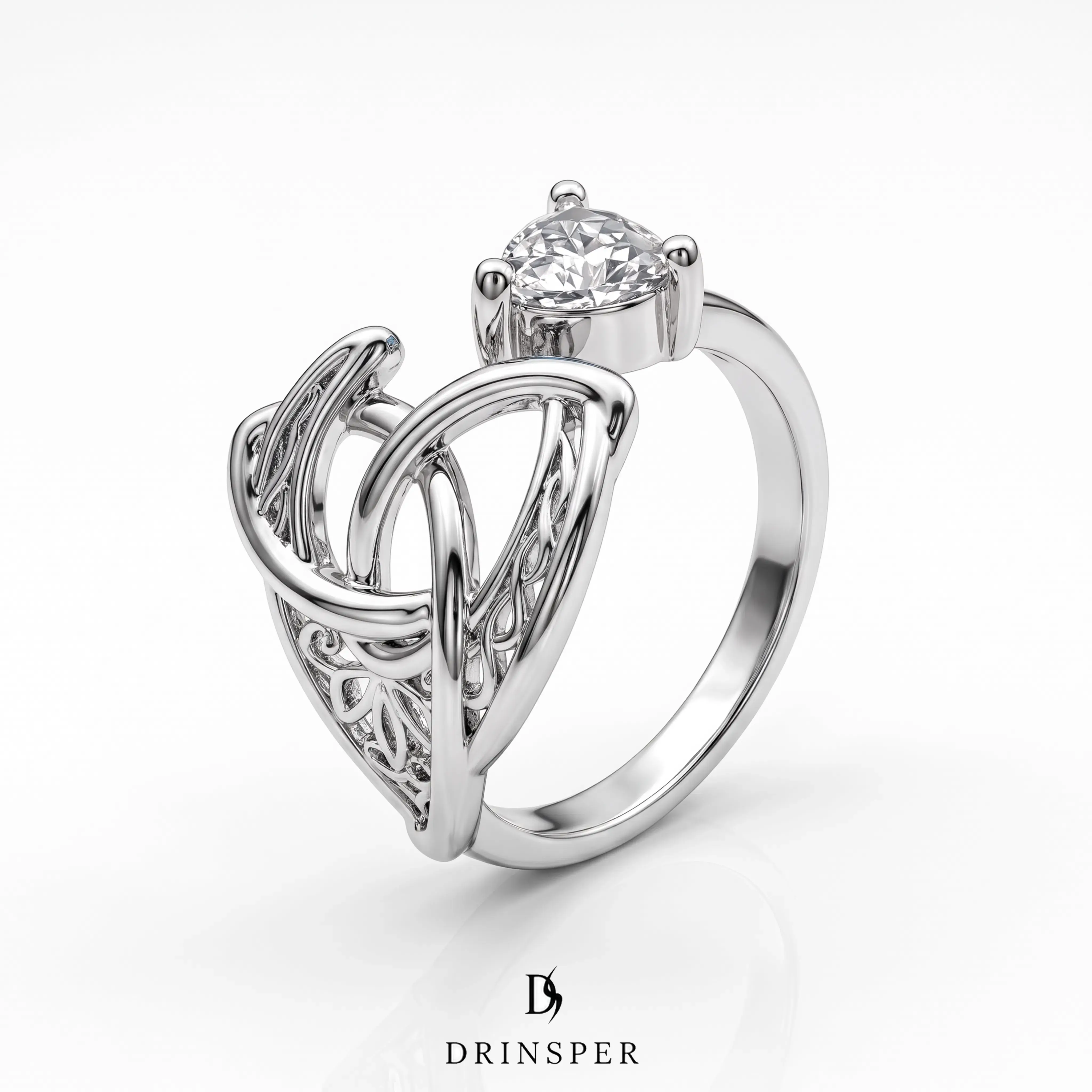 DRINSPER Women's Adjustable Copper Open Band Jewelry Ring with Celtic Knot Heart Design, Clear Cubic Zirconia Accent, Silver Plated Fantasy Inspired Ring for Women, Elegant Vintage Style Jewelry Gift for Anniversary, Birthday and Daily Wear