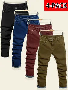 New Men’s Retro Solid Color Jeans 4-Pack — Versatile Slim-Fit Full-Length Pants, Multicolor Options