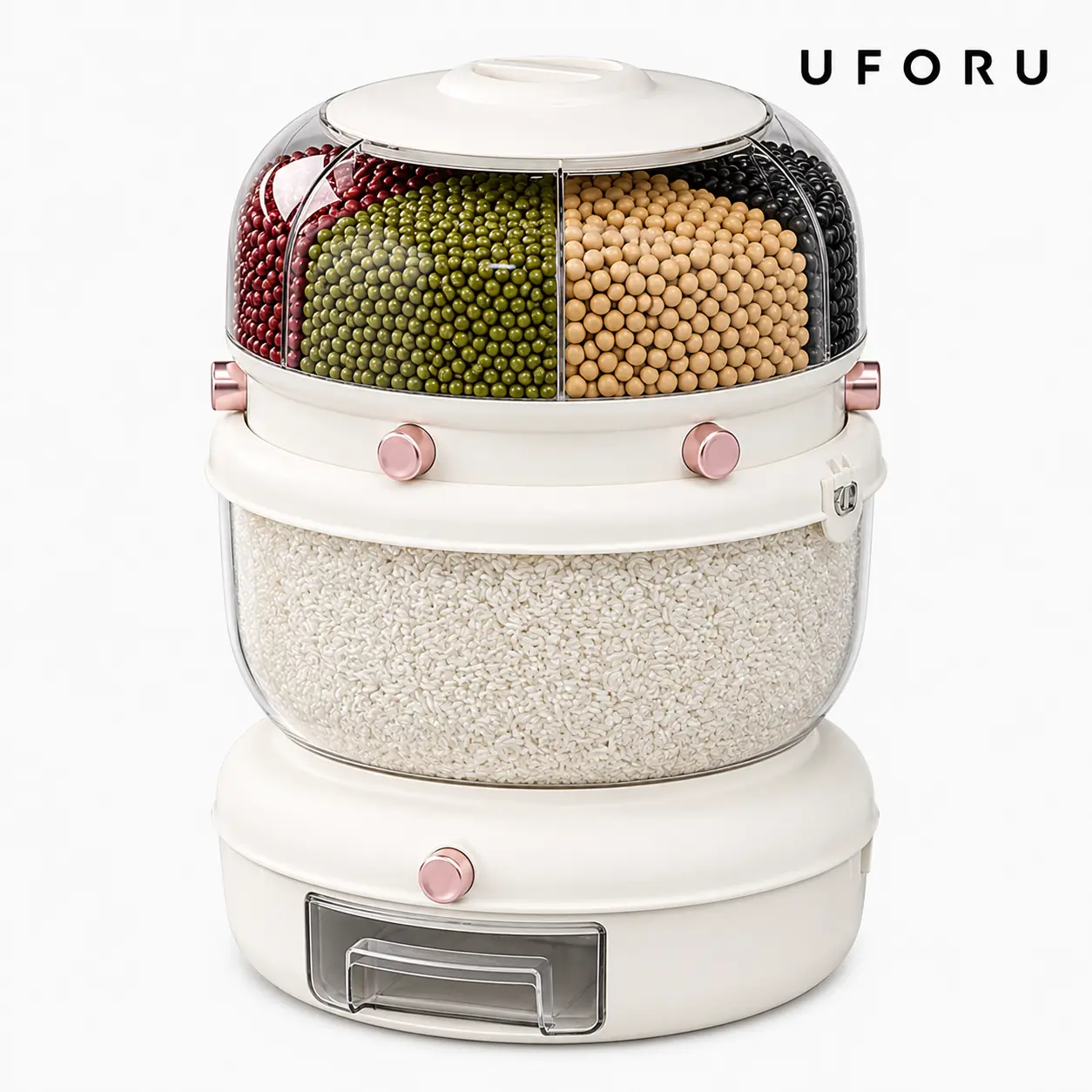 UFORU 360° Rotating Double Layer Grain Dispenser, Airtight Divided Storage Box for Rice & Cereal, 6-Compartment Organiser, Pest & Moisture Proof Auto Dispense for Kitchen Supplies Pantry Organization, Divided Storage Boxes