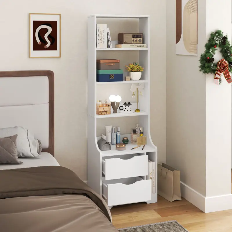 Contemporary Rectangular Vertical Nightstand - Walnut + Particle Board + MDF, White + Particle Board + MDF, 2 Drawers, Bookshelf, 18.70*13.39*58.11 in, No Extra Assembly, Ample Storage, Indoor Bedroom Bedside Table, No Fire Safety Label